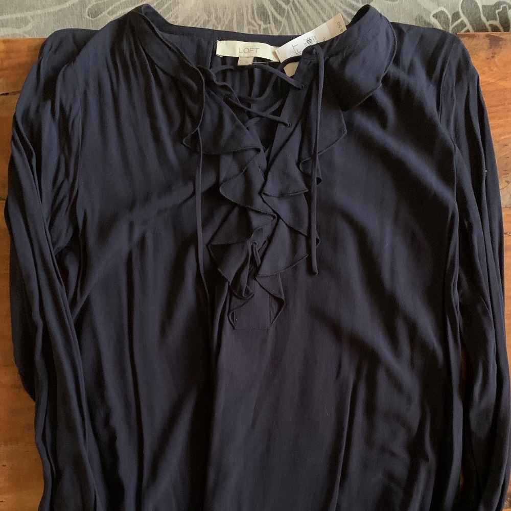 Loft Navy Blouse Lace Up NWT